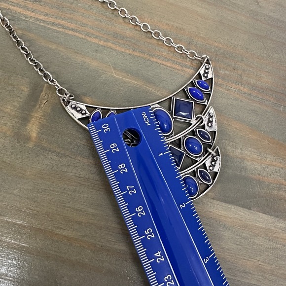 Retro Blue Silver Statement Necklace Diamond Oval Ellipse Crescent Geometric - Picture 7 of 8